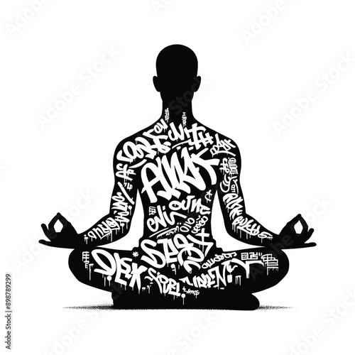 Meditation, yoga male player in graffiti tags, street art pattern illustration, emblem shield badge
