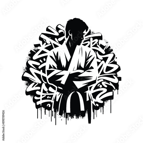 Judo , martial art ,  Karate , Taekwondo  male player in graffiti tags, street art pattern illustration, emblem shield badge