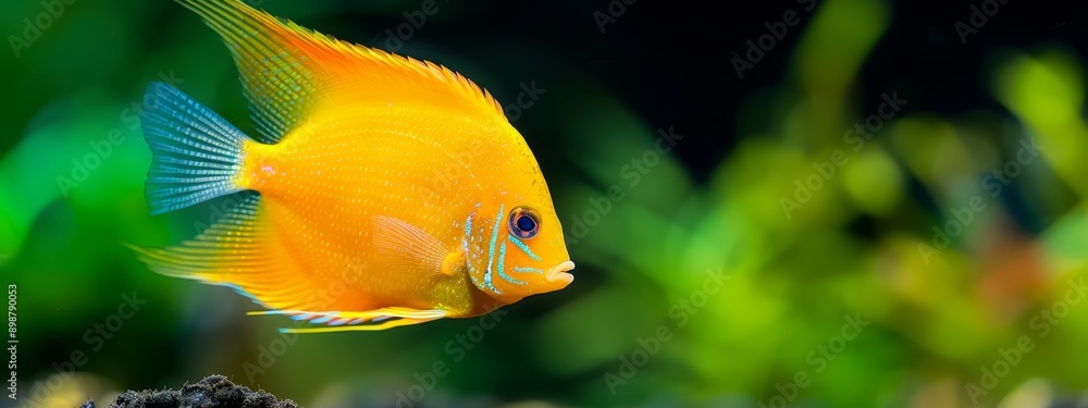  A tight shot of a yellow-blue fish against a backdrop of green aquatic plants within an aquarium