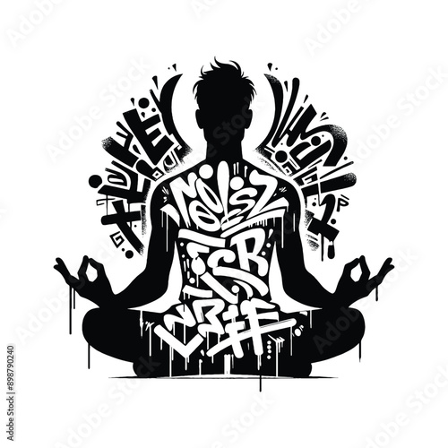 Meditation, yoga male player in graffiti tags, street art pattern illustration, emblem shield badge