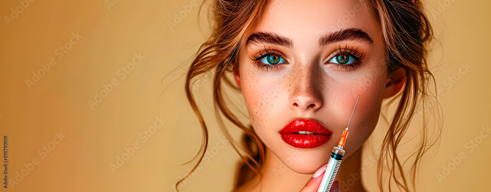 Fototapeta premium Plastic surgery concept. A woman with voluptuous lips and a syringe