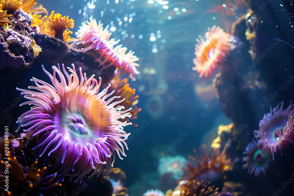 Striking sea anemones swaying in the current with copy space. Striking sea anemones swaying in the current with copy space.