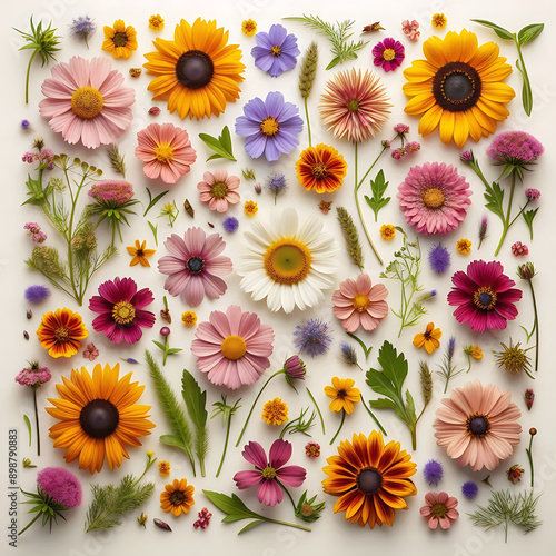 summer flower creative layout Daisy cosmos blanket aster zinnia tickseed sunflower and doronicum flowers isolated on white background Floral frame border Design element Top view flat  photo