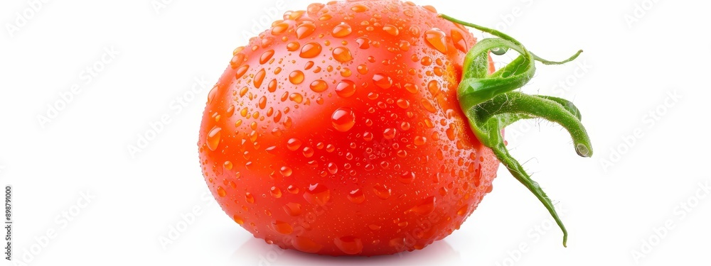 A tomato, closely framed against a pristine white backdrop, features beads of water delicately resting atop and bottom A tomato, closely framed against a pristine white backdrop, features beads of water delicately resting atop and bottom