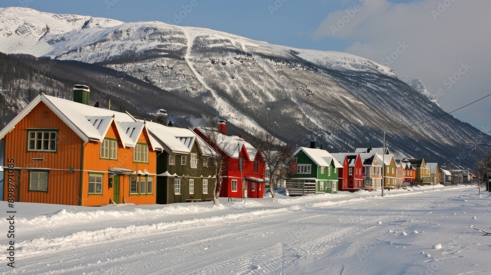 Naklejka premium A row of colorful houses sit on a snowy street. The houses are all different colors, including red, green, and yellow