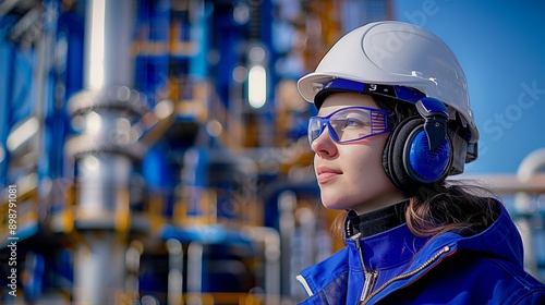 Headshot of a young woman standing on a large industrial petroleum and gas factory