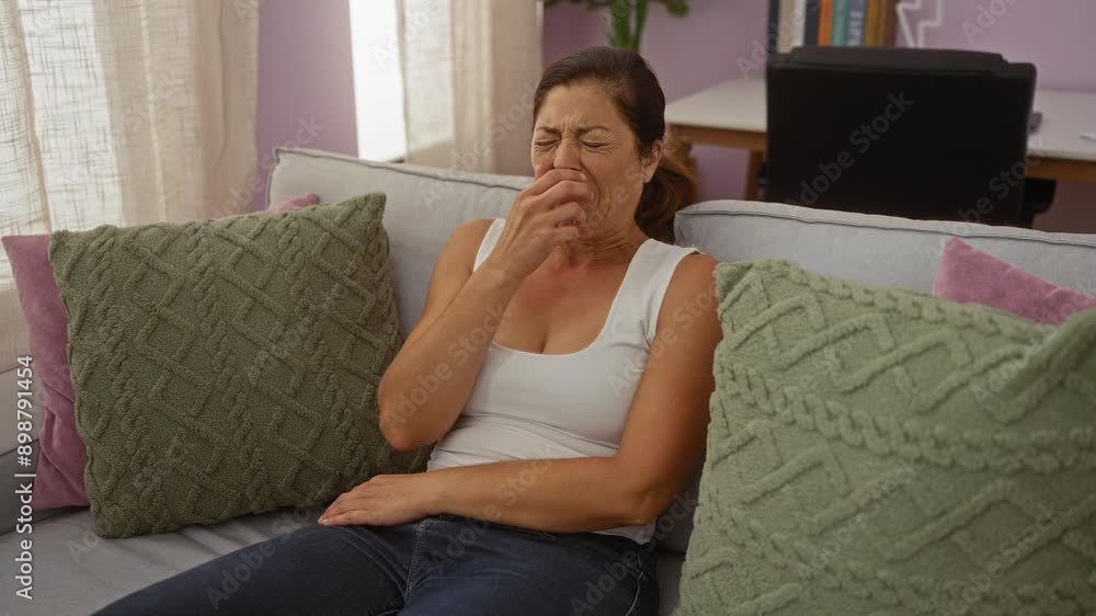 Woman feeling unwell while sitting on a couch in the living room of her home, holding her nose with discomfort Woman feeling unwell while sitting on a couch in the living room of her home, holding her nose with discomfort