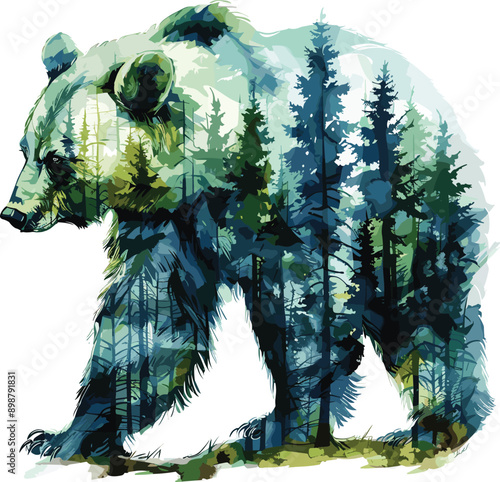 bear watercolor painting, double exposure of bear and jungle, pine trees, bear walking, vector illustration