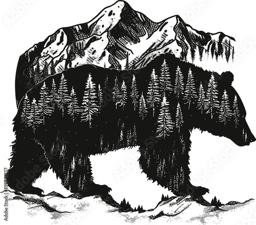 bear watercolor painting, double exposure of bear and jungle, pine trees, bear walking, vector illustration
