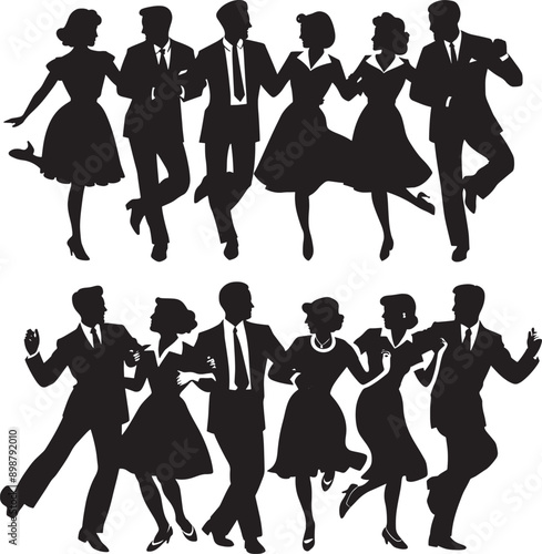 Retro Group of Dancing People Silhouette