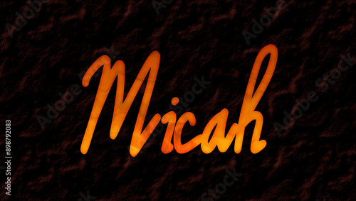 3D fire text effect of name Micah on dark background. photo