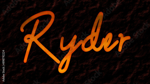 Fotografie 3D fire text effect of name Ryder on dark background.