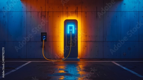 Obraz na płótnie Futuristic parking garage with an illuminated electric vehicle charging station. The image captures the essence of innovation and the future of transportation w salonie