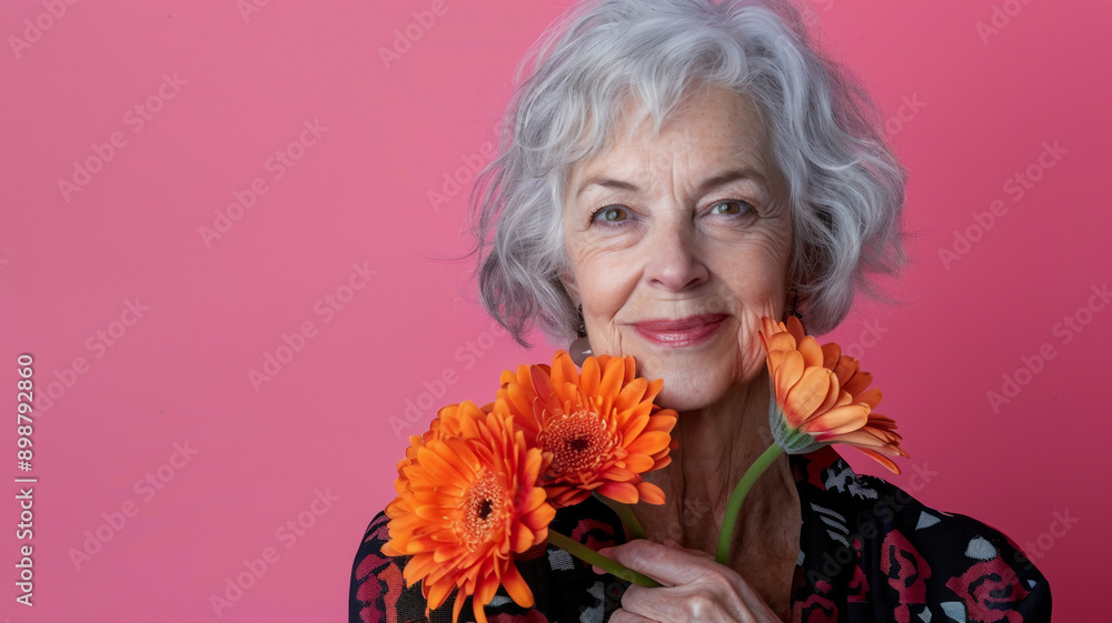 A portrait of a senior and Caucasian woman holding flowers; orange flowers, while smiling at the camera with an isolated pink background with copy space A portrait of a senior and Caucasian woman holding flowers; orange flowers, while smiling at the camera with an isolated pink background with copy space