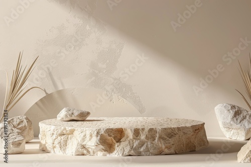 A stone platform with a minimalist background and soft lighting photo