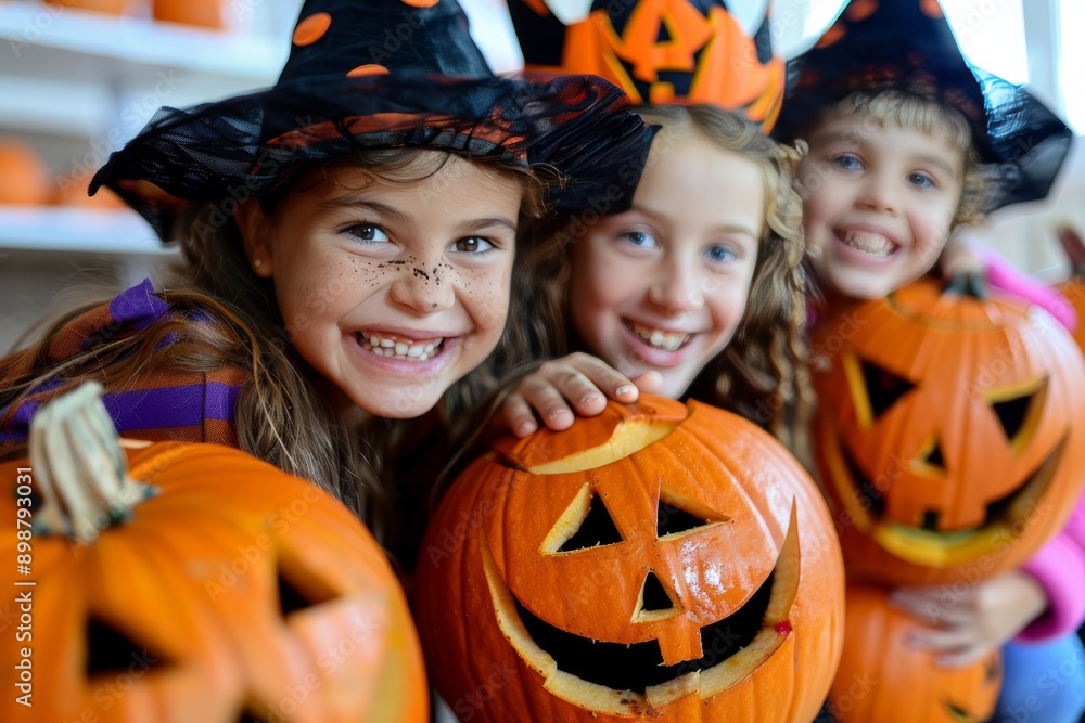 Fototapeta premium happy children in Halloween costumes at a festive pumpkin celebration