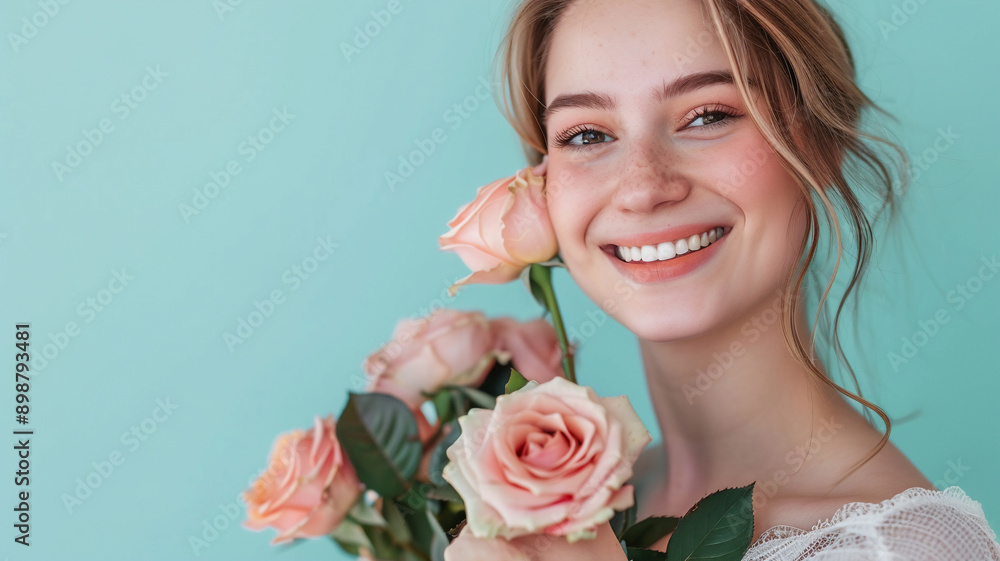 A portrait of a young adult and Caucasian woman holding flowers; roses, while smiling at the camera with an isolated pastel background with copy space A portrait of a young adult and Caucasian woman holding flowers; roses, while smiling at the camera with an isolated pastel background with copy space