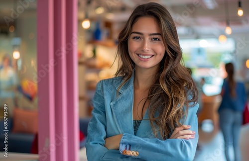 A smiling businesswoman standing in the office, arms crossed, confidently looking at the camera