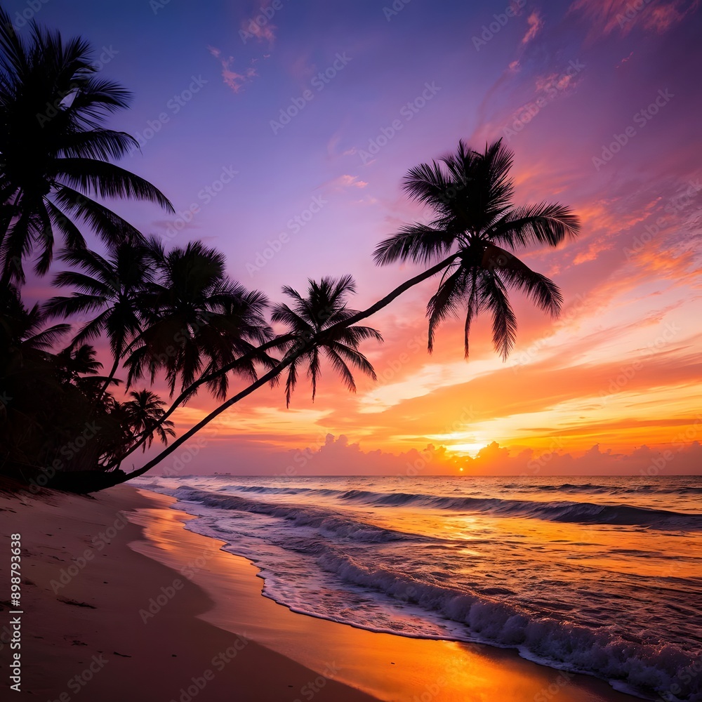 A tranquil sunset on a beach with soft waves, swaying palm trees, and a sky painted in orange, pink, and purple hues. A tranquil sunset on a beach with soft waves, swaying palm trees, and a sky painted in orange, pink, and purple hues.