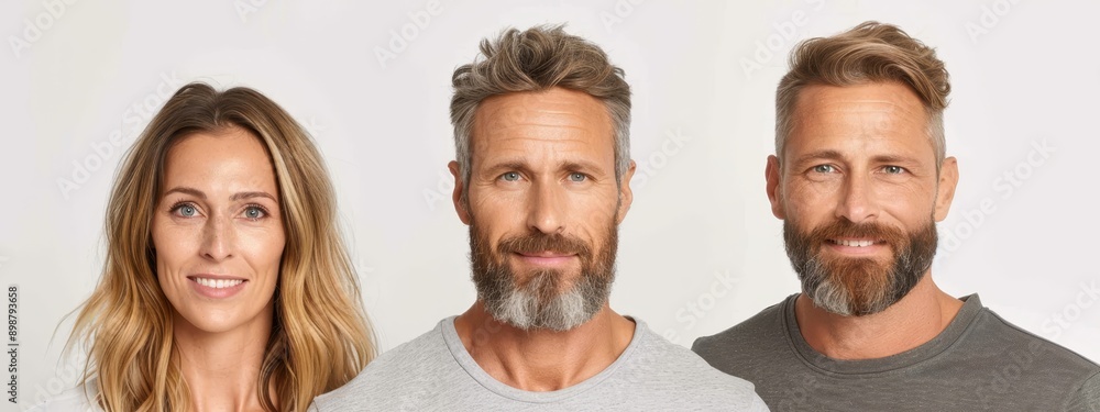 A man and a woman stand side by side against a plain white backdrop Three distinct perspectives of the man's face are presented A man and a woman stand side by side against a plain white backdrop Three distinct perspectives of the man's face are presented