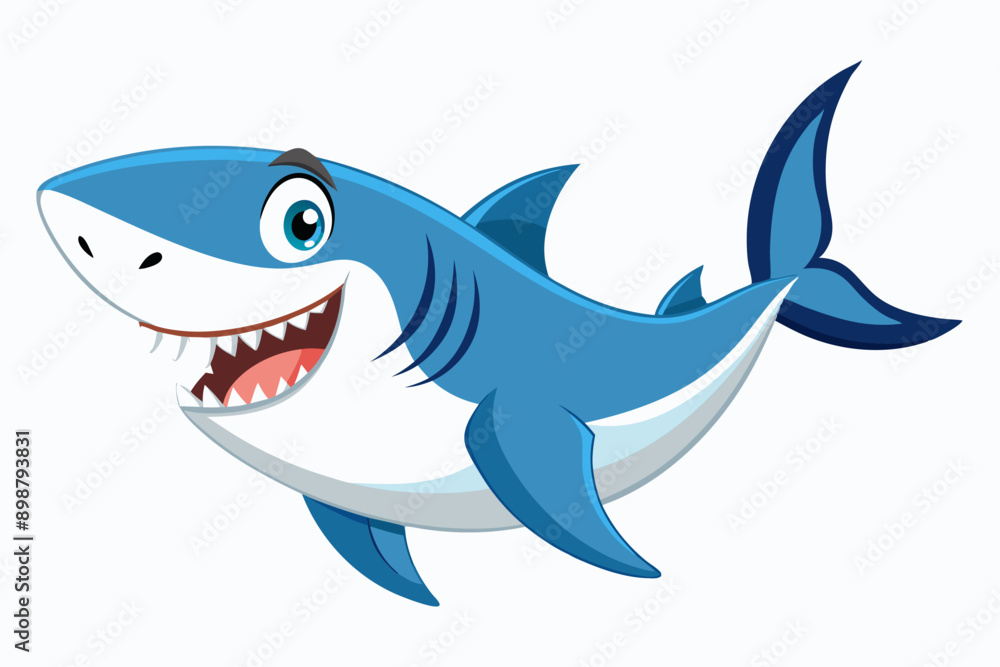 Obraz premium Funny Shark Vector Illustration, Cartoons, Clipart, and Line Art Design on White Background, Cute and funny shark illustration in vector, cartoon, clipart, and line art design on white background.