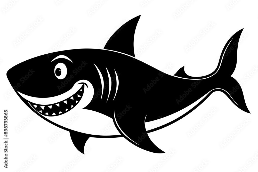 Obraz premium Funny Shark Vector Illustration, Cartoons, Clipart, and Line Art Design on White Background, Cute and funny shark illustration in vector, cartoon, clipart, and line art design on white background.