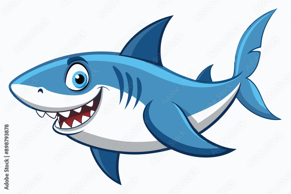 Obraz premium Funny Shark Vector Illustration, Cartoons, Clipart, and Line Art Design on White Background, Cute and funny shark illustration in vector, cartoon, clipart, and line art design on white background.
