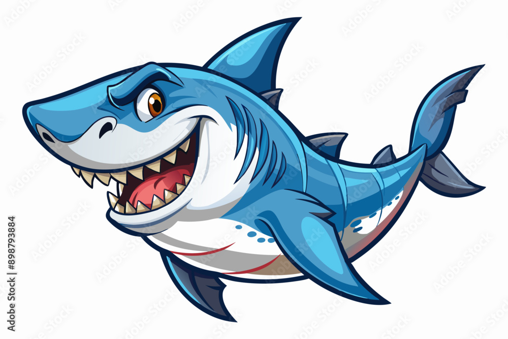 Obraz premium Funny Shark Vector Illustration, Cartoons, Clipart, and Line Art Design on White Background, Cute and funny shark illustration in vector, cartoon, clipart, and line art design on white background.