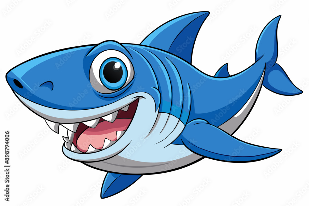 Obraz premium Funny Shark Vector Illustration, Cartoons, Clipart, and Line Art Design on White Background, Cute and funny shark illustration in vector, cartoon, clipart, and line art design on white background.
