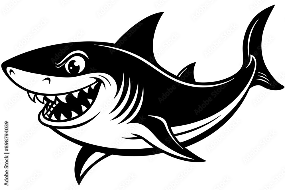 Obraz premium Funny Shark Vector Illustration, Cartoons, Clipart, and Line Art Design on White Background, Cute and funny shark illustration in vector, cartoon, clipart, and line art design on white background.
