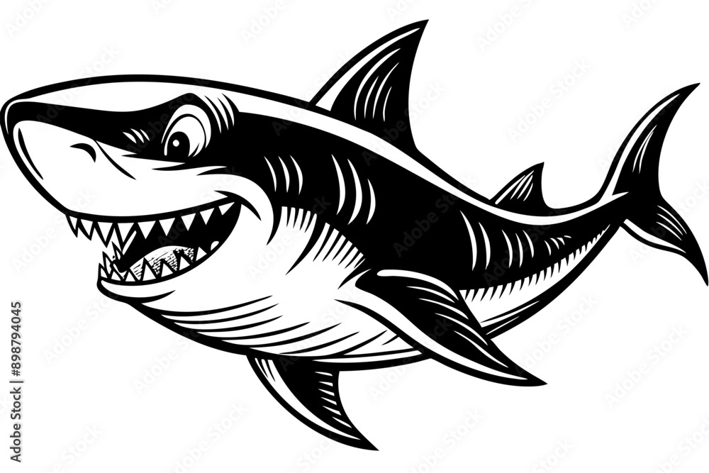 Obraz premium Funny Shark Vector Illustration, Cartoons, Clipart, and Line Art Design on White Background, Cute and funny shark illustration in vector, cartoon, clipart, and line art design on white background.