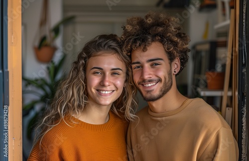 Young couple smiling at camera, holding door open while moving into their new apartment