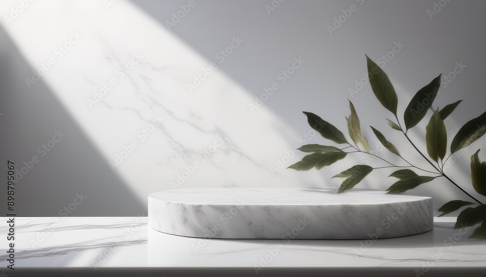 Luxury marble table with plant shadow on white wall and stone podium for product placement display. Trendy neutral aesthetic mockup template for beauty and cosmetics scene Luxury marble table with plant shadow on white wall and stone podium for product placement display. Trendy neutral aesthetic mockup template for beauty and cosmetics scene