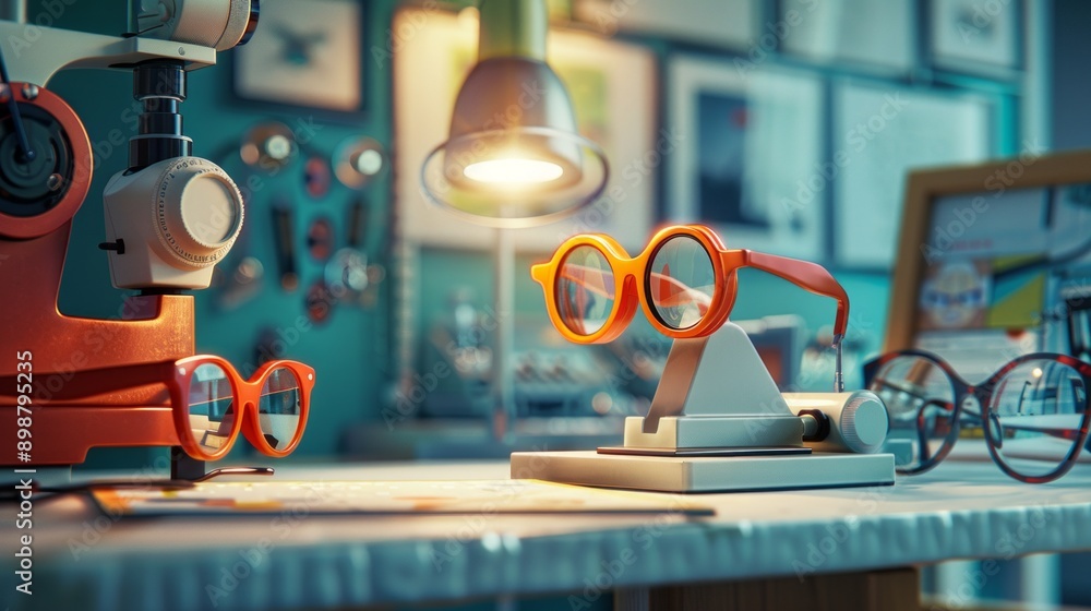 Various eyeglasses are displayed on an eye examination machine, suggesting an optometrist is preparing for a patient's eye exam Various eyeglasses are displayed on an eye examination machine, suggesting an optometrist is preparing for a patient's eye exam