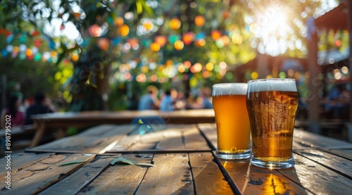 Two Glasses of Beer on Wooden Table