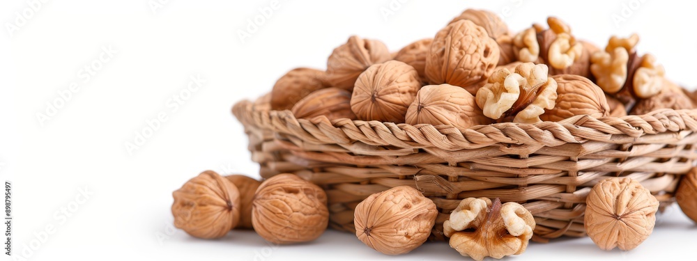 A white table holds a basket brimming with numerous nuts, accompanied by an adjacent pile of nuts A white table holds a basket brimming with numerous nuts, accompanied by an adjacent pile of nuts