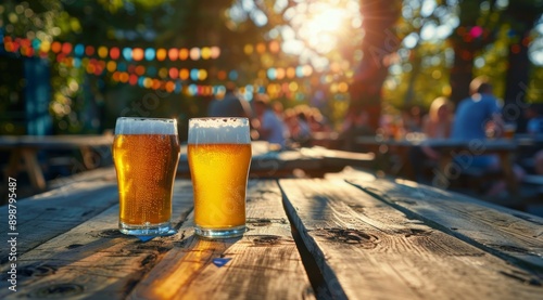 Two Glasses of Beer on Wooden Table