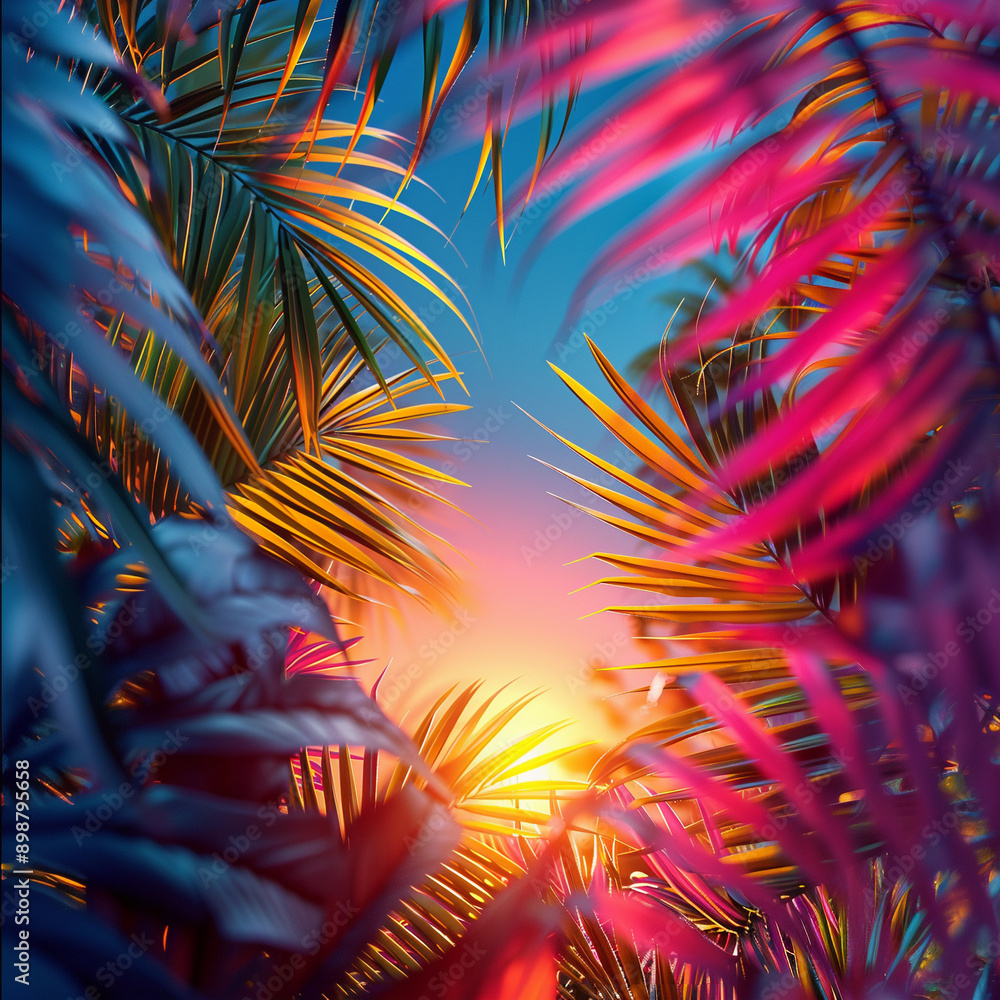 Fototapeta premium Tropical Palm leaves. Summer exotic trendy background with place for text 