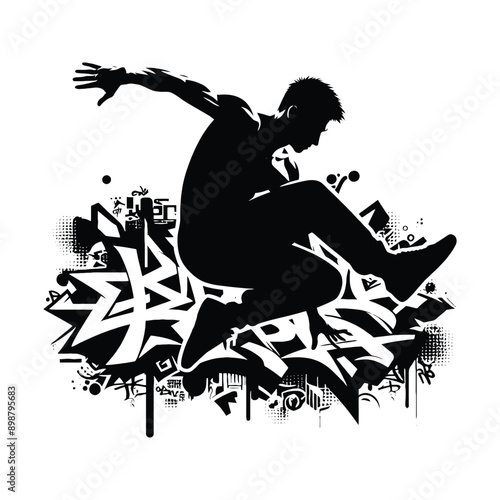 Parkour  male player in graffiti tags, street art pattern illustration, emblem shield badge