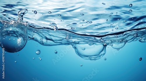 Water surface with air bubbles. Water texture. Water Drops. Water splash with bubbles on blue background. Copy space for text. Water wave and air bubbles in blue water background. Copy space.