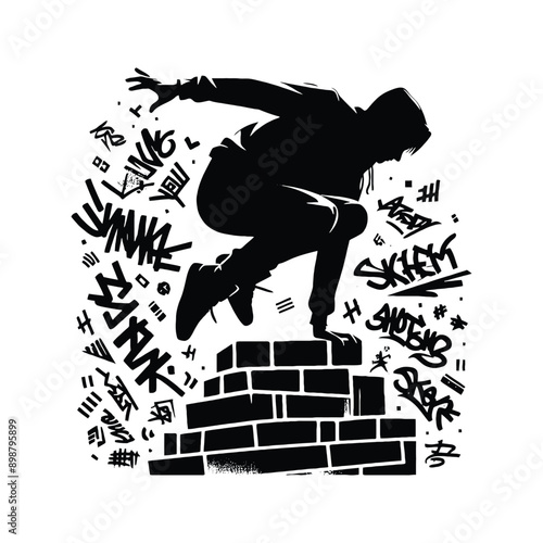 Parkour  male player in graffiti tags, street art pattern illustration, emblem shield badge