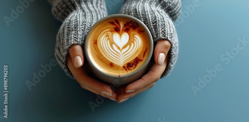Womans Hands Holding a Cup of Latte Art on a Blue Background