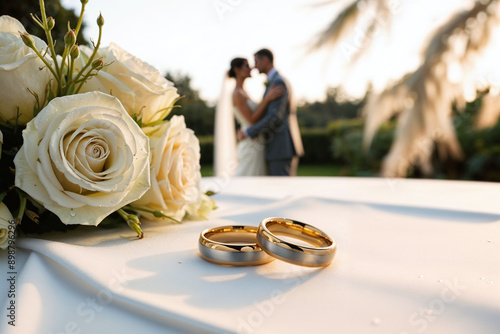Gold wedding rings with a bouquet of white rose flowers