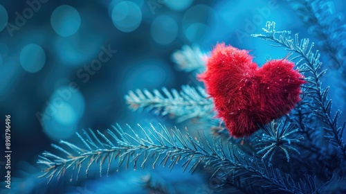 Fluffy red heart against a blue Valentine s Day backdrop symbolizing love and tenderness