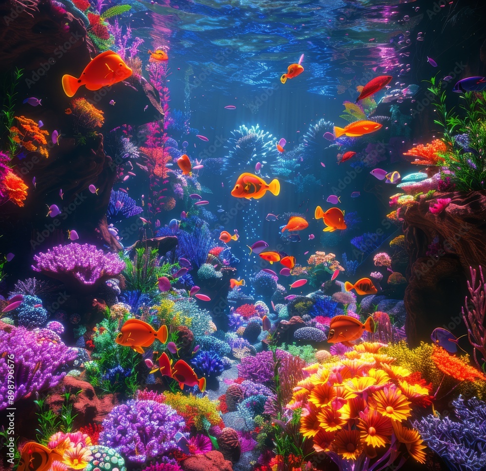 Fototapeta premium Vibrant Coral Reef Scene With Colorful Fish and Abundant Marine Life