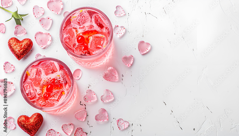 Fototapeta premium Festive pink cocktail for Valentine's day, couple of glasses, white background with hearts, top view