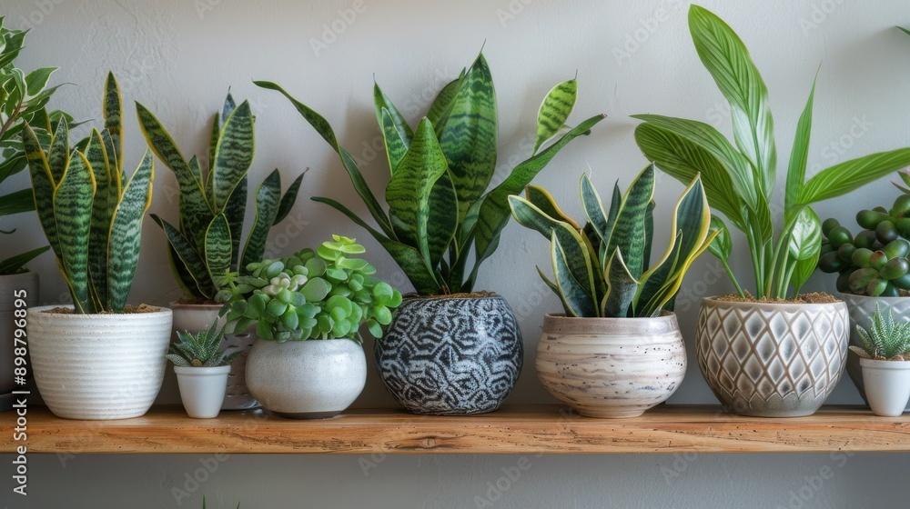 Fototapeta premium Row of Potted Plants on Wooden Shelf