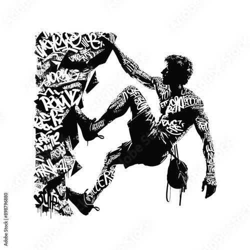 mountain Climbing,  rock climbing  male player in graffiti tags, street art pattern illustration, emblem shield badge