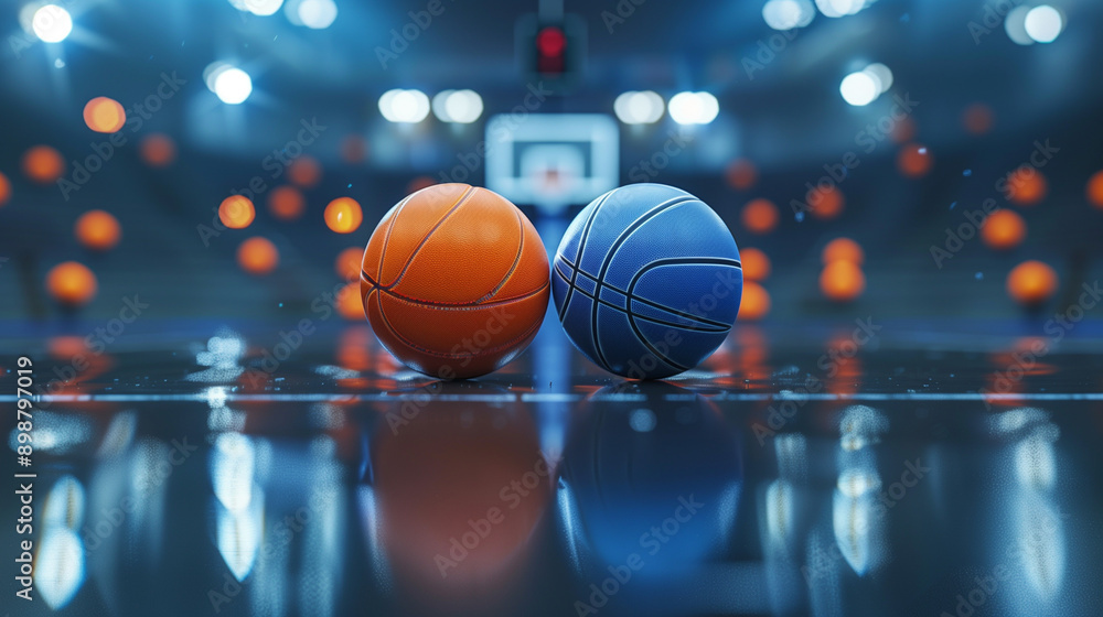 View of two basketball balls on the empty parquet of a sports hall, in blue and orange colors.
View of two basketball balls on the empty parquet of a sports hall, in blue and orange colors.