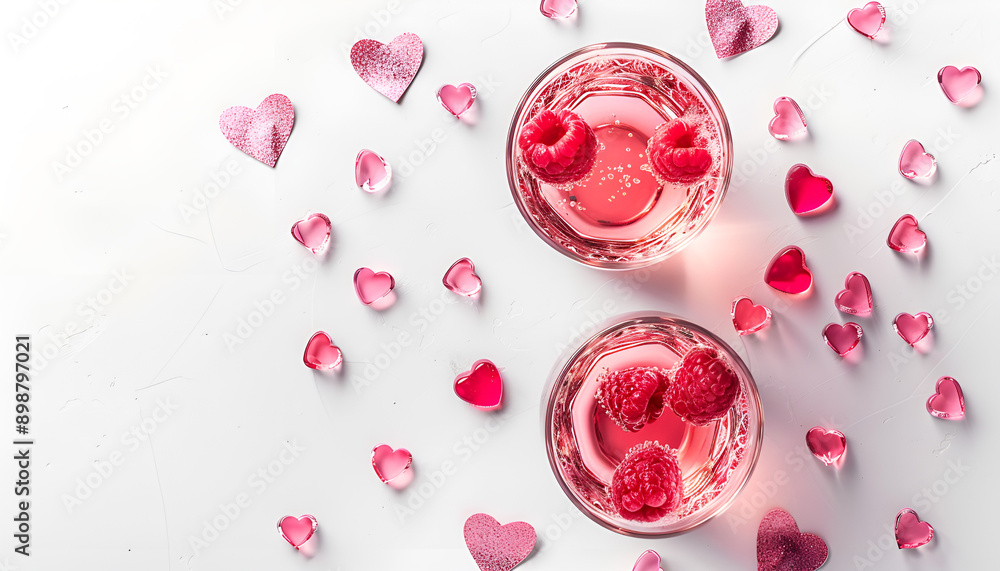 Fototapeta premium Festive pink cocktail for Valentine's day, couple of glasses, white background with hearts, top view